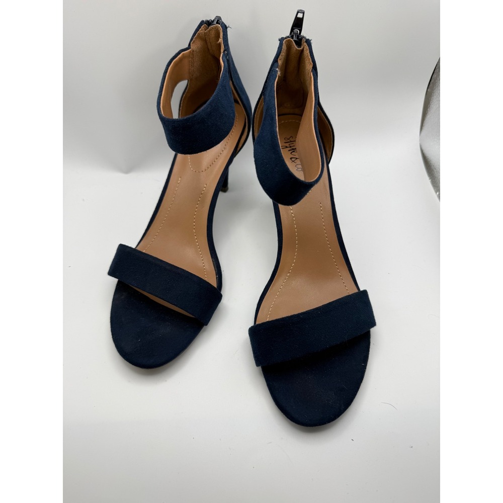 Style &‎ Co Paycee Women 7M Navy Blue Faux Suede Kitten Heel Ankle Strap Sandals